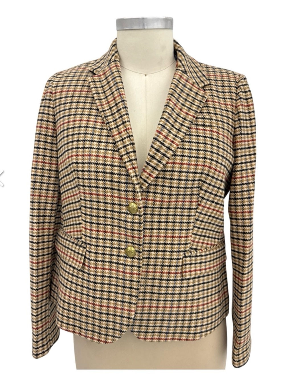 J. Crew Beige Plaid Tweed Blazer with Red & Black Checks
